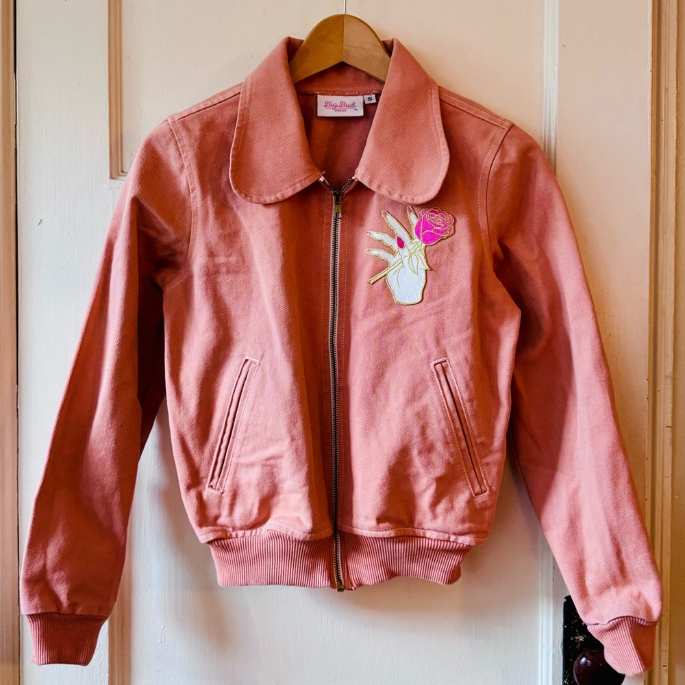Big Bud Press | Peachy- Pink Bomber Jacket with Embroidered Rose sz SM